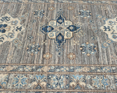 13 Ft Gray Kazak Afghan Hand Knotted Geometric Wool Runner Rug